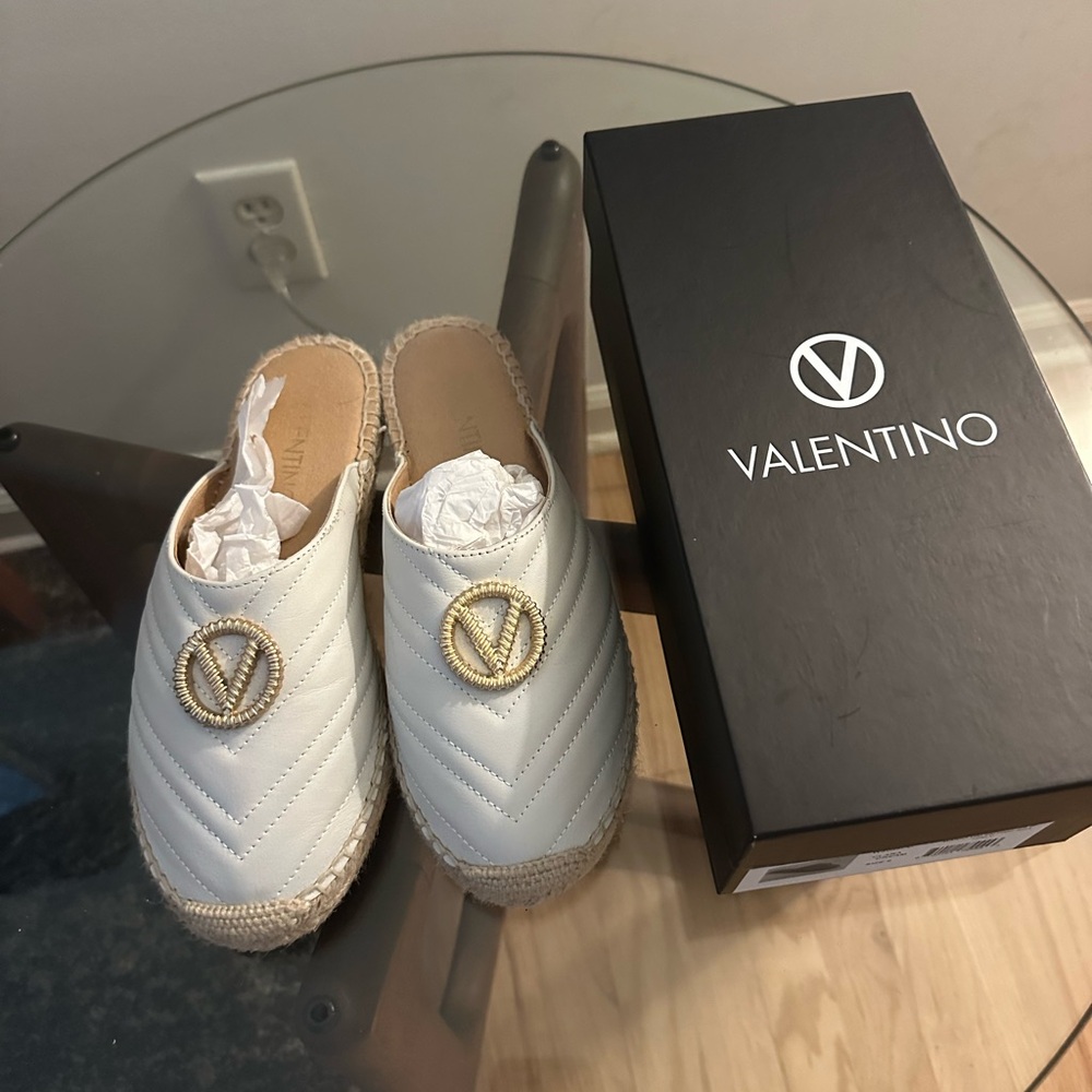 Valentino Cream Quilted Mules with Gold Logo
